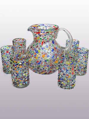 MEXICAN GLASSWARE / Large 118oz Confetti Rocks Pitcher & 6 Drinking Glasses Set